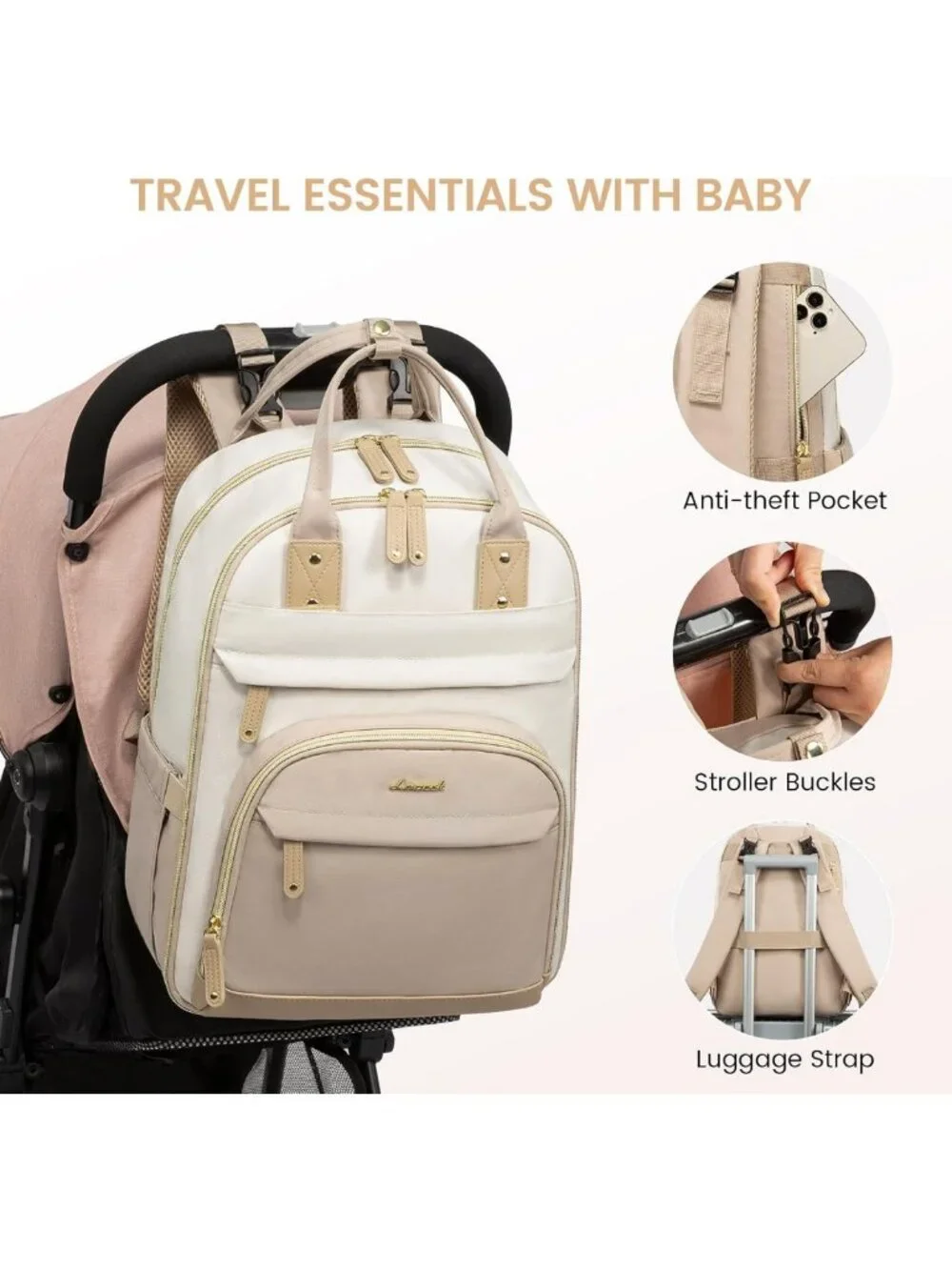 Stylish Waterproof Diaper Bag Backpack with Changing Pad & Stroller Buckles